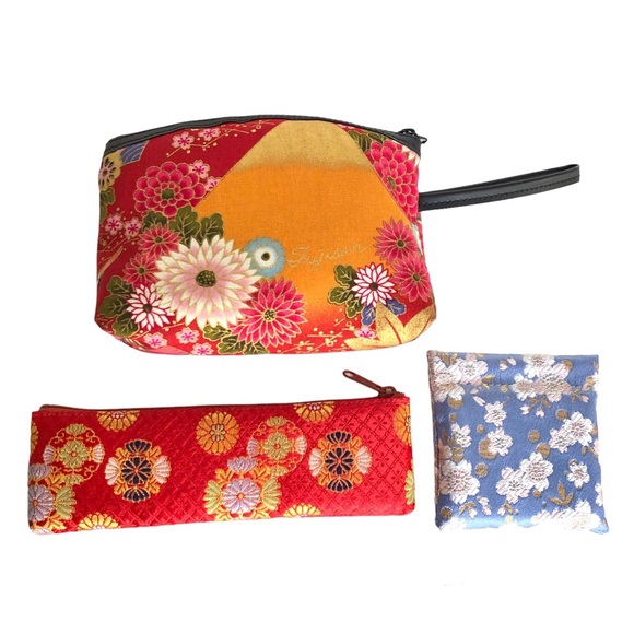NEW Fujisan Canvas Metallic Floral Print Set Wristlet Coin Purse Eyeglass Case - Picture 1 of 7